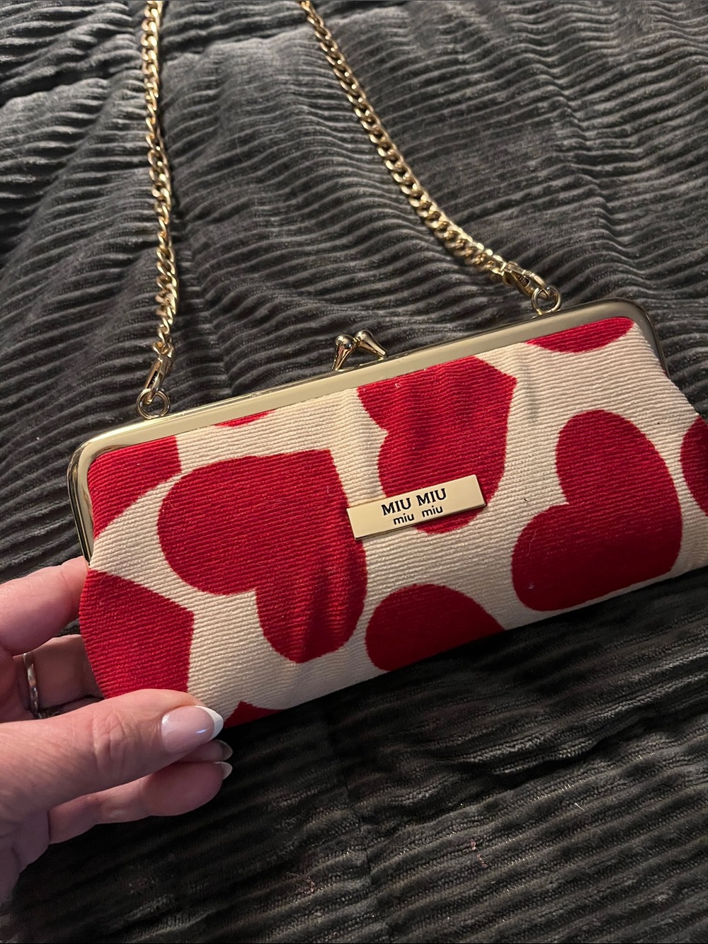 Miu Miu Red Heart Print Chain Clutch with Gold Hardware